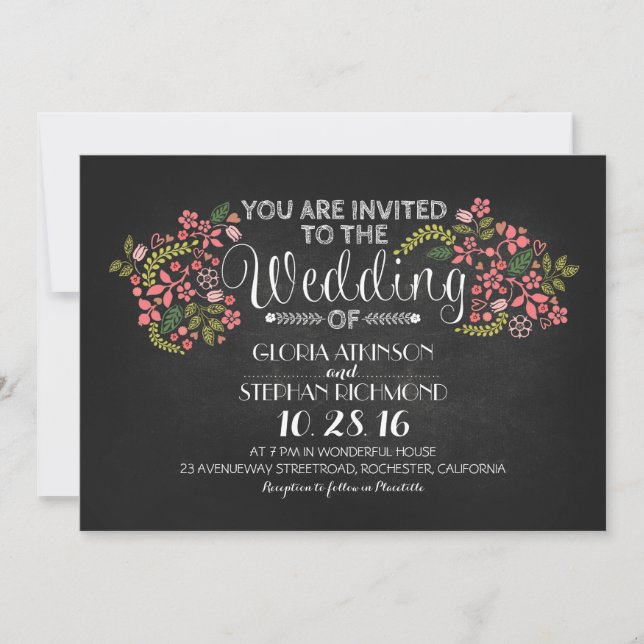 rustic floral chalkboard wedding invitations (Front)