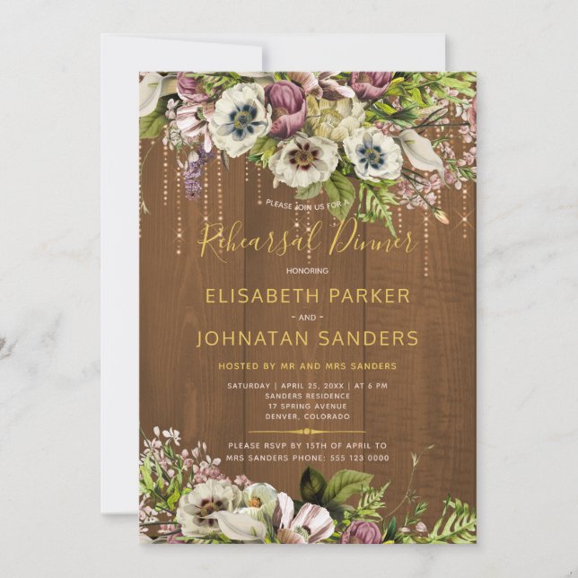 Rustic floral chic barn wood fall rehearsal dinner invitation (Front)