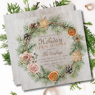 Rustic Floral Christmas Frame Holiday Open House Invitation