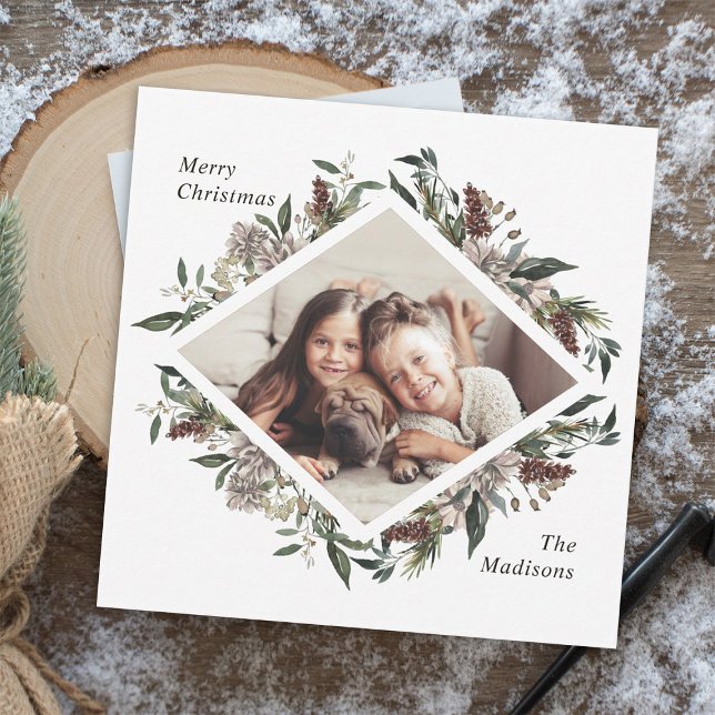 Rustic Floral Christmas Photo Holiday Card (Creator Uploaded)