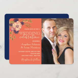 Rustic Floral Coral and Navy Blue Wedding Photo Invitation