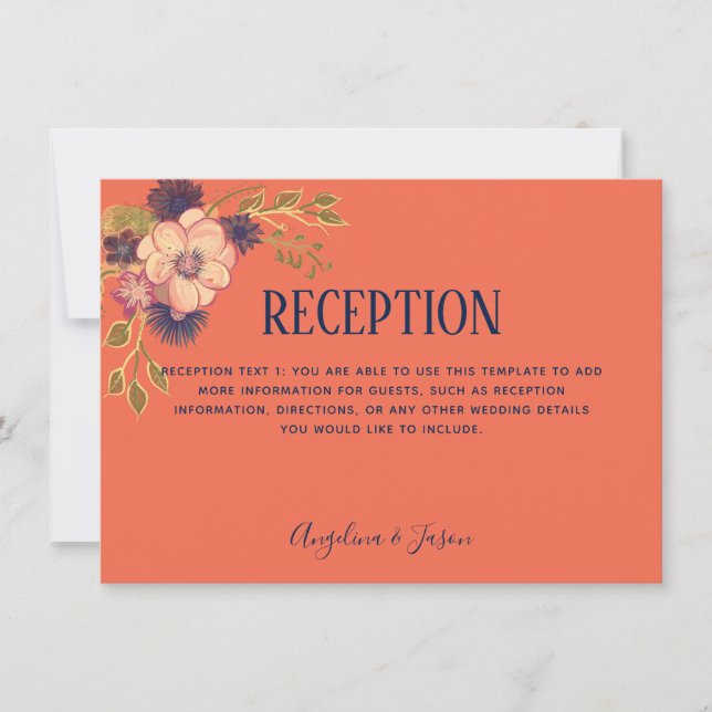Rustic Floral Coral & Navy Wedding Reception Card (Front)