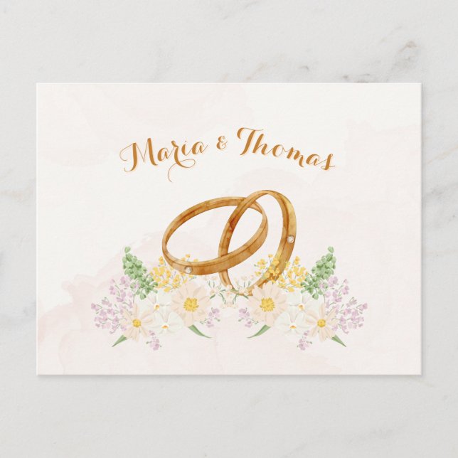 Rustic floral couple ring wedding postcard (Front)