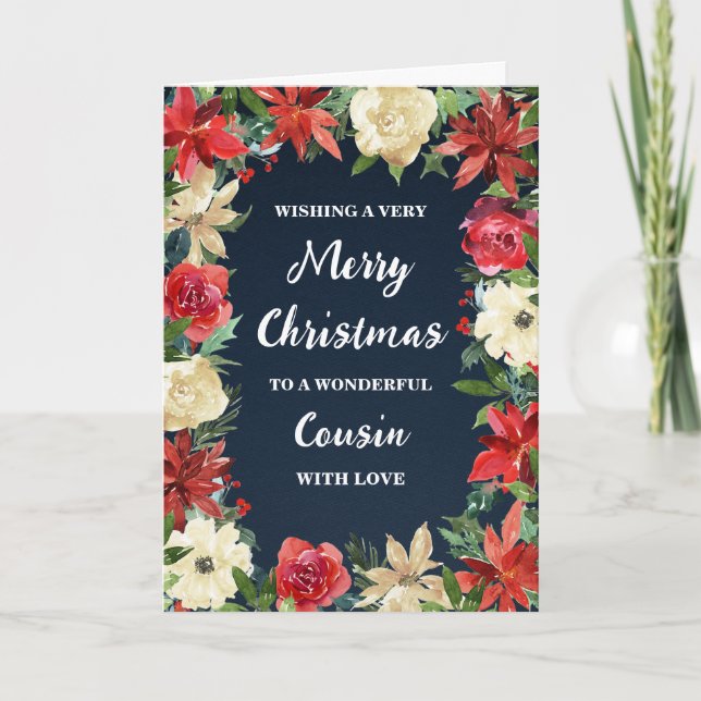 Rustic Floral Cousin Merry Christmas Card (Front)