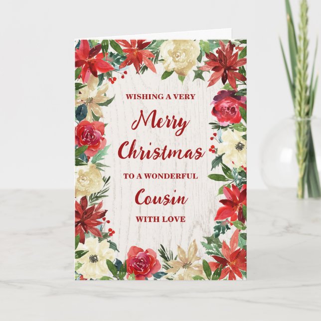 Rustic Floral Cousin Merry Christmas Card (Front)