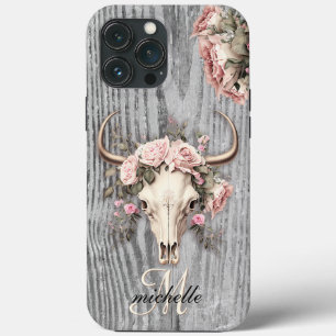 Rustic Floral Cow Skull Barn Wood iPhone 13 Pro Max Case