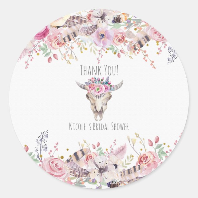 Rustic Floral Cow Skull Boho Chic Country Glam Classic Round Sticker (Front)