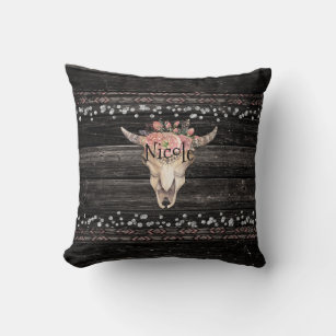 Rustic Floral Cow Skull Boho Chic Country Glam Cushion