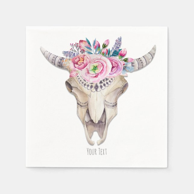 Rustic Floral Cow Skull Boho Chic Custom Party Napkin (Front)