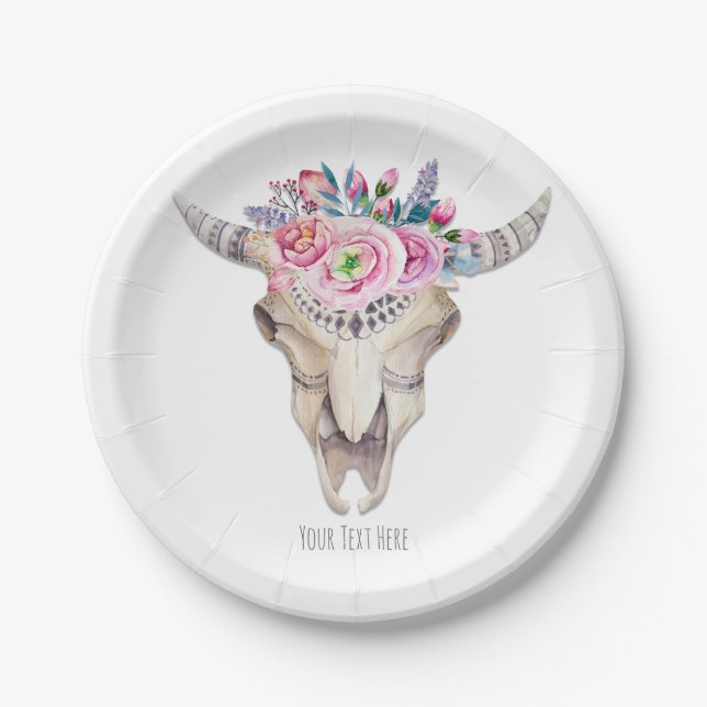 Rustic Floral Cow Skull Boho Chic Custom Party Paper Plate (Front)