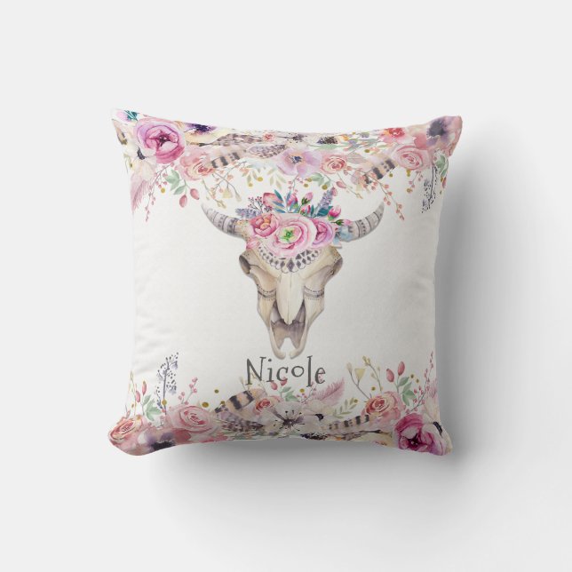 Rustic Floral Cow Skull Boho Chic Glam Custom Cushion (Front)