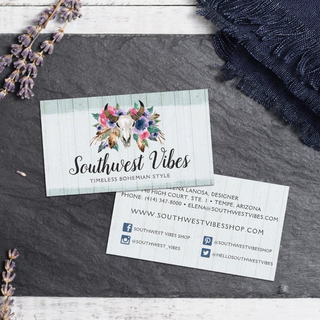 Rustic Floral Cow Skull Boho Chic Social Network Business Card (Creator Uploaded)