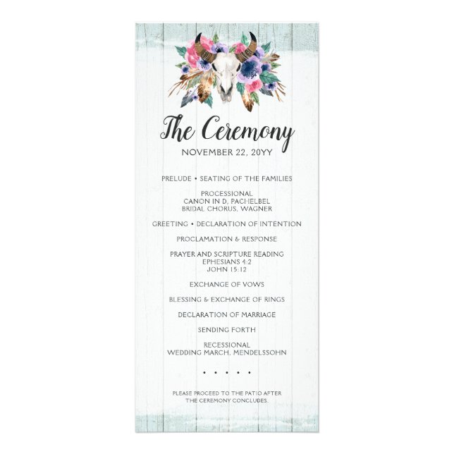 Rustic Floral Cow Skull Boho Chic Wedding Program Rack Card (Front)