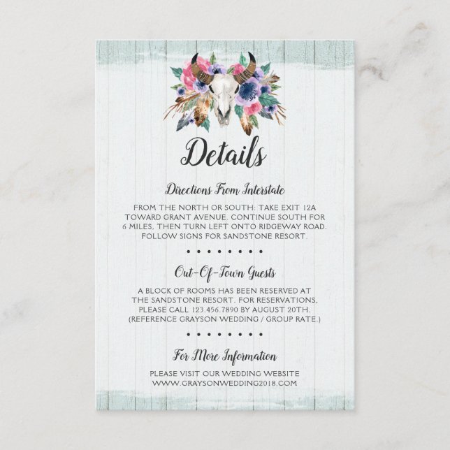 Rustic Floral Cow Skull Boho Details / Directions Enclosure Card (Front)