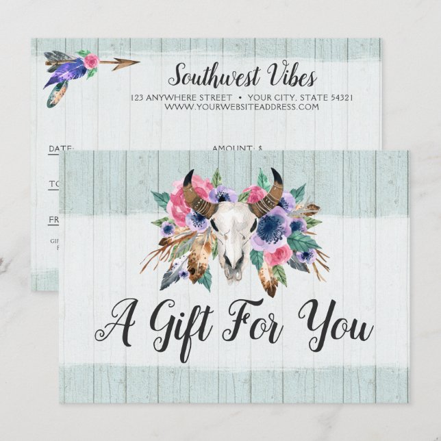 Rustic Floral Cow Skull Boho Gift Certificate Card (Front/Back)