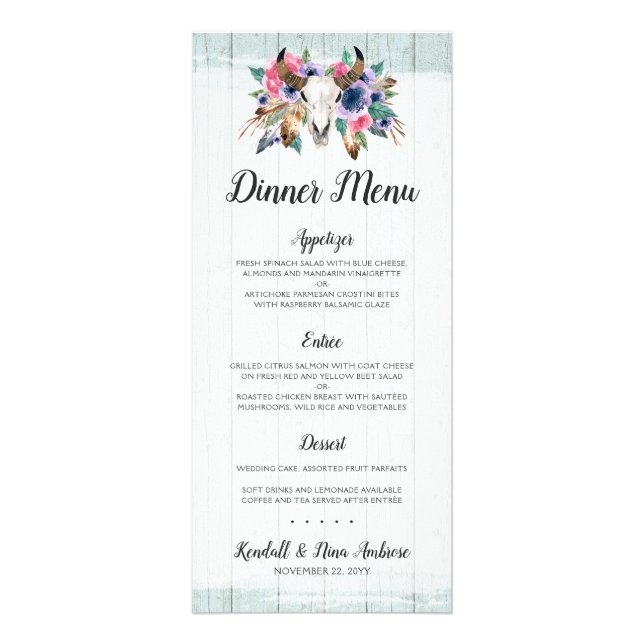 Rustic Floral Cow Skull Boho Wedding Dinner Menu (Front)