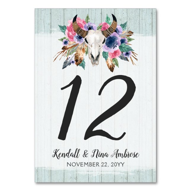 Rustic Floral Cow Skull Boho Wedding Table Number (Front)