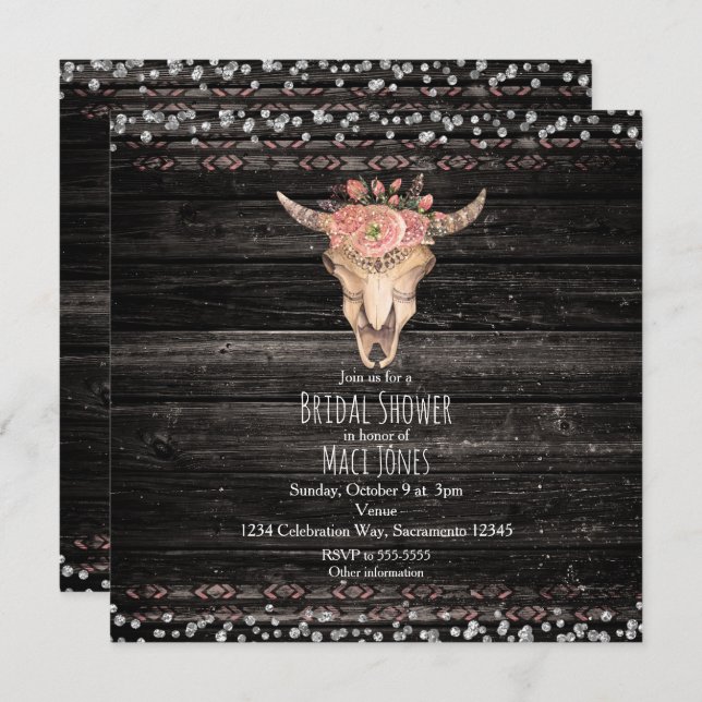 Rustic Floral Cow Skull Dark Wood Glam Invitations (Front/Back)