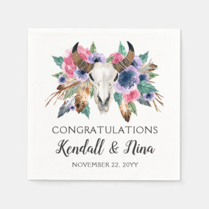 Rustic Floral Cow Skull Watercolor Boho Wedding Napkin