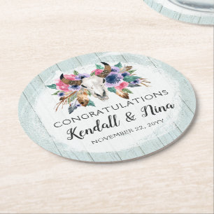 Rustic Floral Cow Skull Watercolor Boho Wedding Round Paper Coaster
