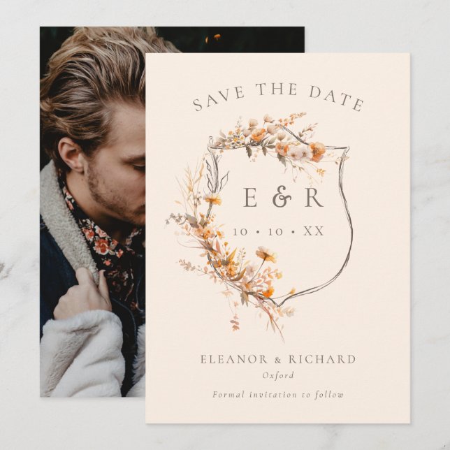 Rustic Floral Crest Monogram Fall Wedding Photo Save The Date (Front/Back)