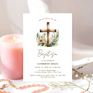 Rustic Floral Cross Baptism & Christening Invitation