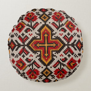 Rustic Floral Cross Stitch Folk Pattern Round Cushion
