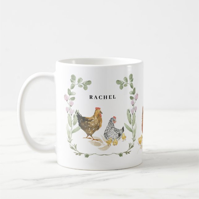 Rustic Floral Cute Chicken Monogram Name Mug (Left)