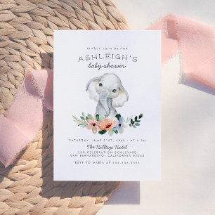 Rustic Floral Cute Pink Girl Elephant Baby Shower Invitation