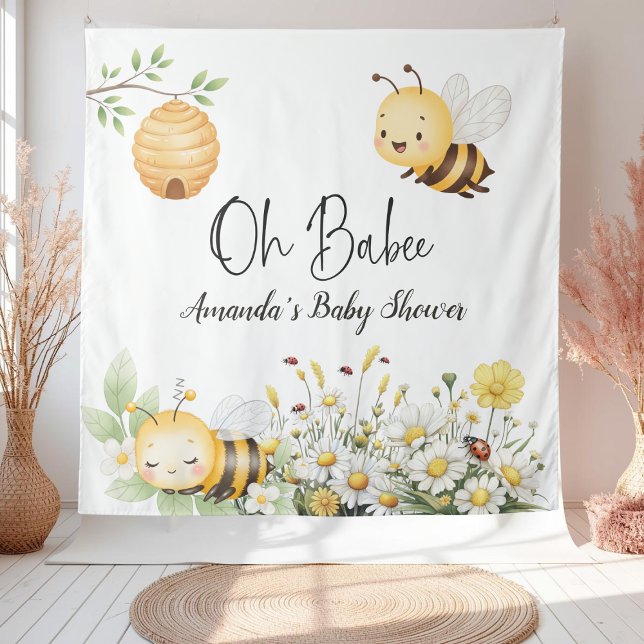Rustic Floral Daisy Oh Babee Honey Bee Baby Shower Tapestry (Creator Uploaded)