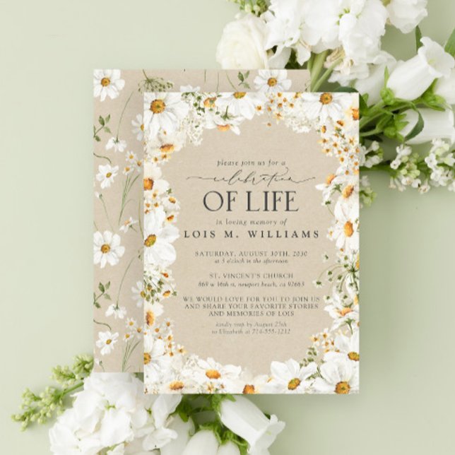 Rustic Floral Daisy Watercolor Celebration of Life Invitation (Creator Uploaded)
