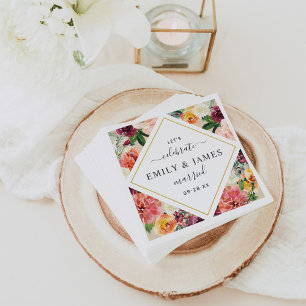 Rustic Floral Diamond Burgundy Wedding Monogram Napkin