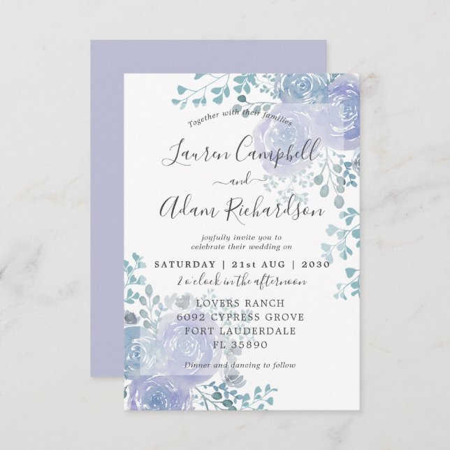 Rustic Floral Dusty Blue & Purple Wedding  Invitat Invitation (Front/Back)