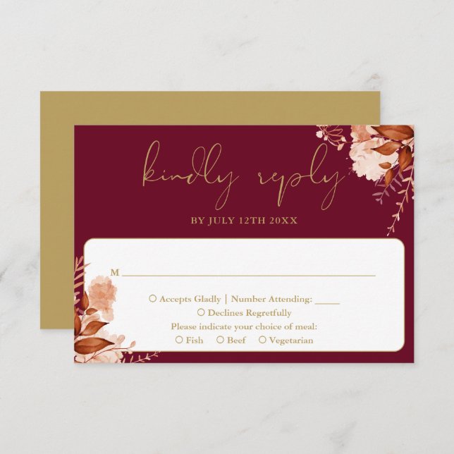 Rustic Floral Elegant Burgundy And Gold Wedding RSVP Card (Front/Back)