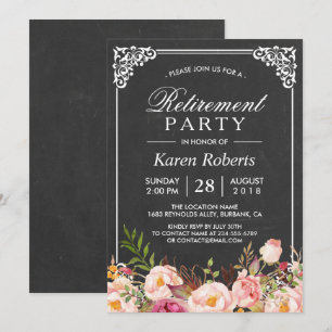Rustic Floral Elegant Chalkboard Retirement Party Invitation