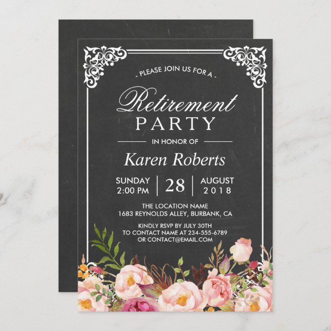 Rustic Floral Elegant Chalkboard Retirement Party Invitation (Front/Back)