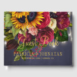 Rustic floral elegant navy burgundy winter wedding<br><div class="desc">Rustic country vintage traditional style personalised guest book with big yellow gold sunflowers, red burgundy marsala roses, and strings of twinkle white lights on a dark midnight navy blue chalkboard background and with an elegant gold typography script. Ideal for winter or autumn fall | elegant vintage rustic country | late...</div>