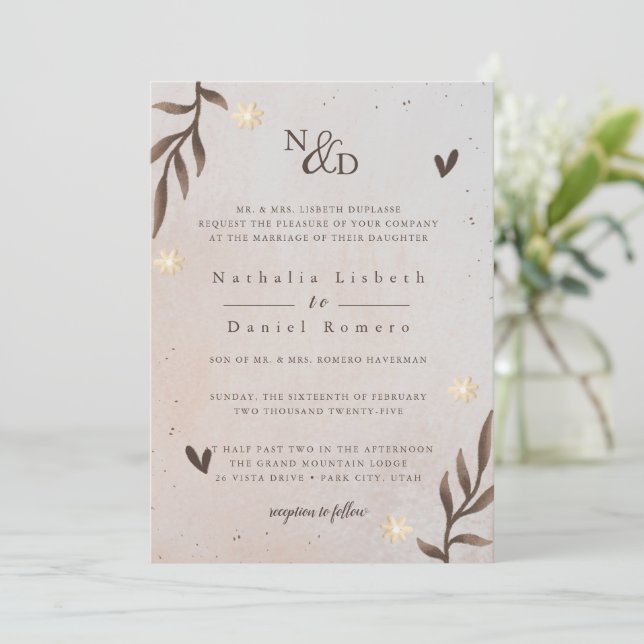 Rustic Floral, Elegant Script, Watercolor Leaves Invitation (Standing Front)