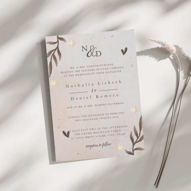 Rustic Floral, Elegant Script, Watercolor Leaves Invitation (Creator Uploaded)