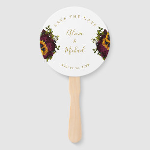 Rustic floral elegant script wedding save date han hand fan