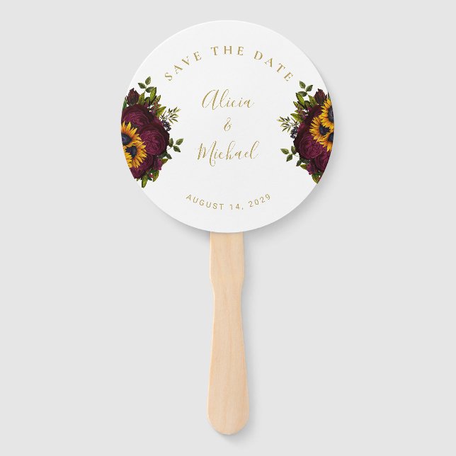 Rustic floral elegant script wedding save date han hand fan (Front)