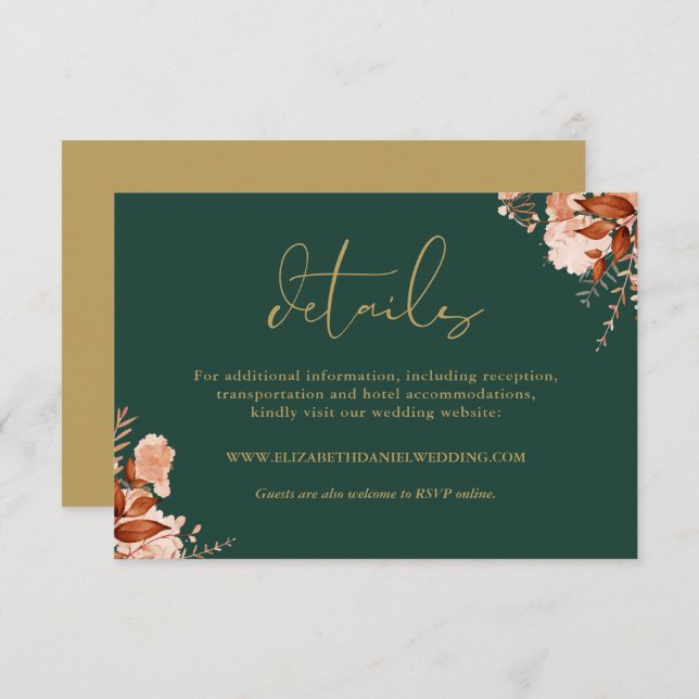 Rustic Floral Emerald And Gold Wedding Details Enclosure Card (Front/Back)