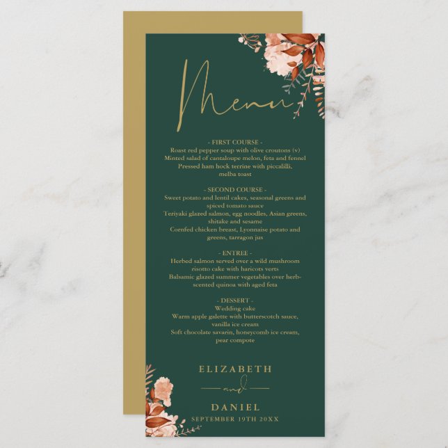 Rustic Floral Emerald And Gold Wedding Dinner Menu (Front/Back)