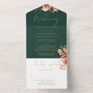 Rustic Floral Emerald Gold Details RSVP Wedding All In One Invitation