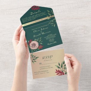 Rustic Floral Emerald Green Wedding All In One Invitation