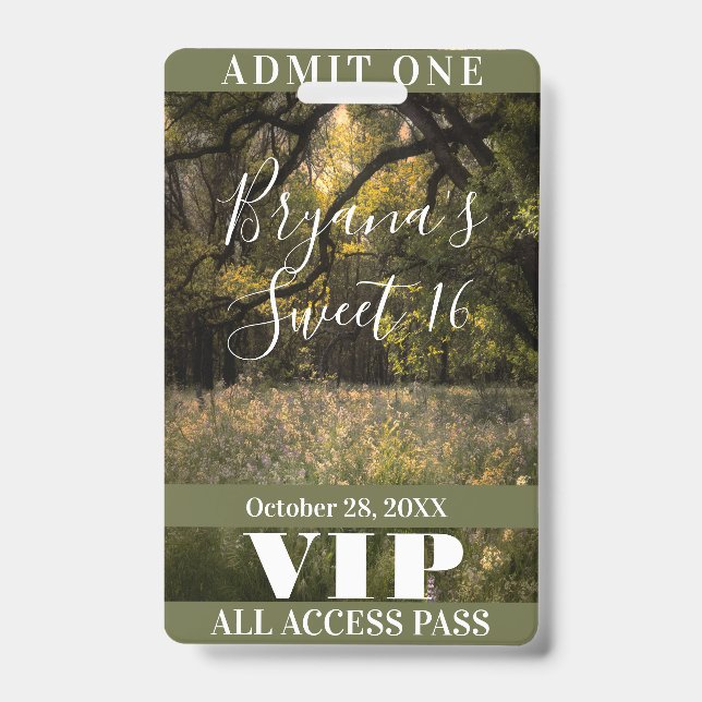 Rustic Floral Enchanted Forest Sweet 16 VIP Badge ID Badge (Front)