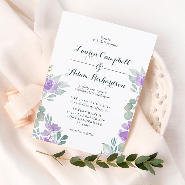 Rustic Floral Eucalyptus Purple Wedding Invitation (Creator Uploaded)