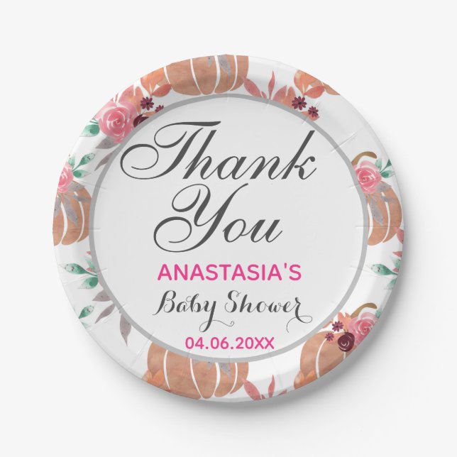 Rustic Floral Fall Autumn Thank You Baby Shower Paper Plate (Front)
