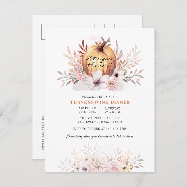 Rustic Floral Fall Leaves Pumpkin Thanksgiving Invitation Postcard (Front/Back)