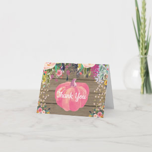 Rustic Floral Fall Pumpkin Pink Gold Glitter Thank You Card